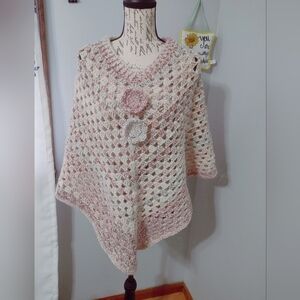 Handmade Crocheted Acrylic/Wool Granny Stitch Poncho with flower detail